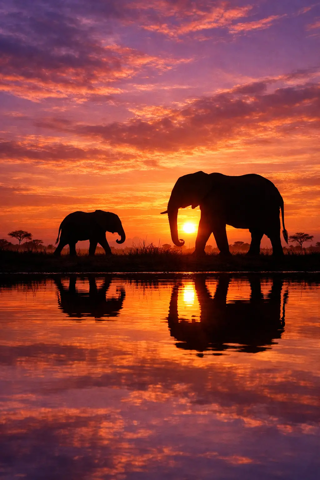 Elefantes em silhueta ao pôr do sol sobre um lago refletivo na savana