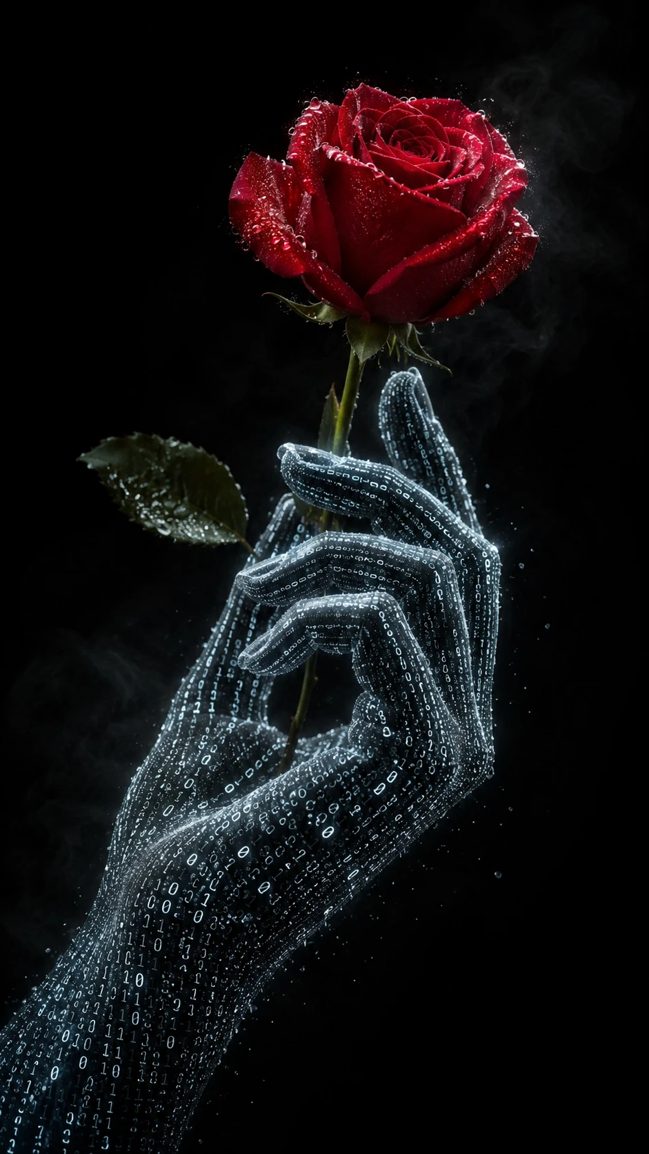 Mão humana digital segurando uma rosa carmesim orvalhada