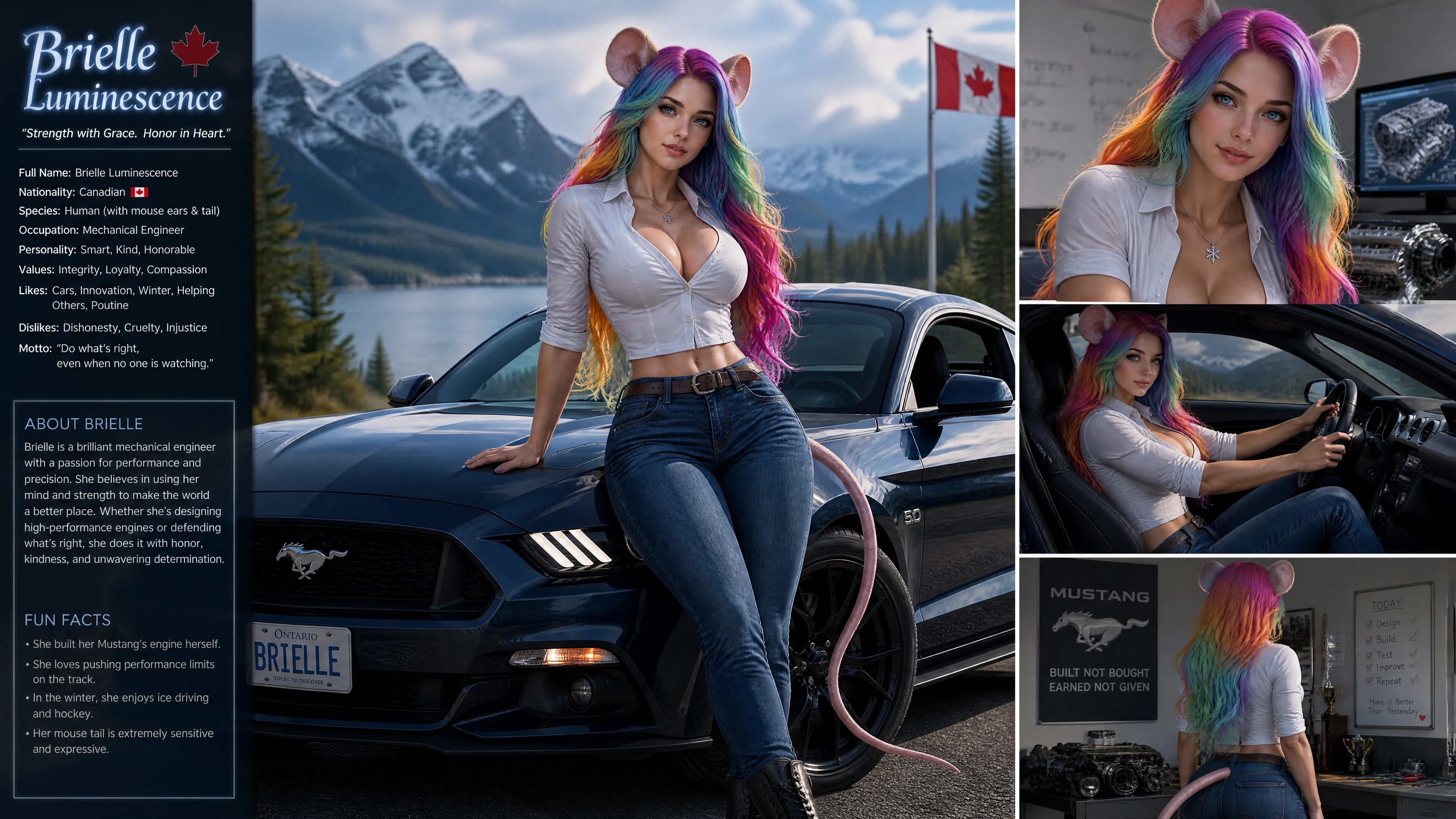 Fantasiefrau mit Mausmerkmalen fährt einen Muscle-Car