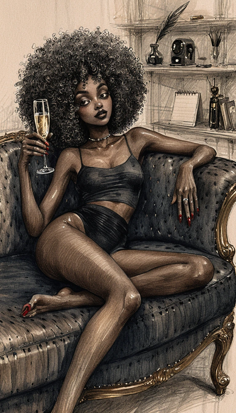 Ilustración de mujer negra relajada reclinada en un sofá oscuro
