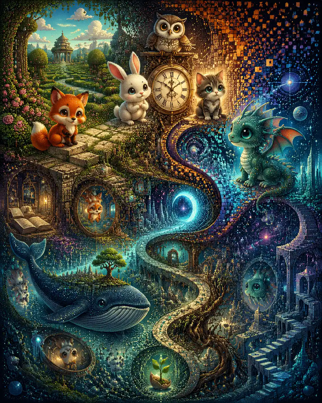 Animais de fantasia fofos em uma paisagem onírica surreal em transformação