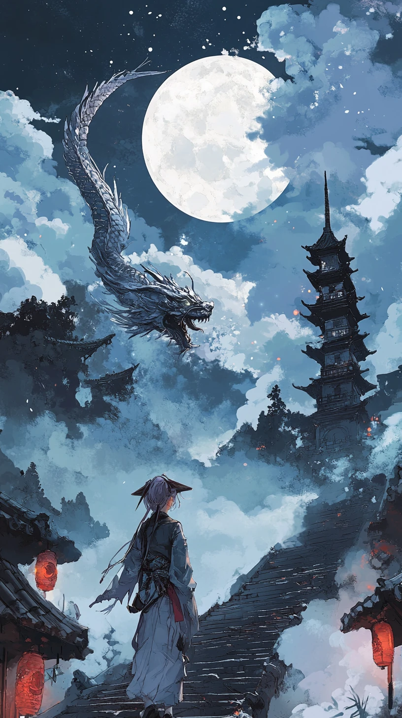Asian dragon swirling above a moonlit fantasy night sky