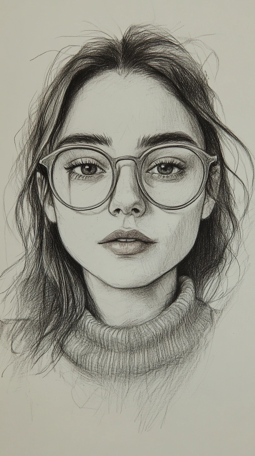 Retrato estilizado a lápiz de una chica con gafas redondas extragrandes