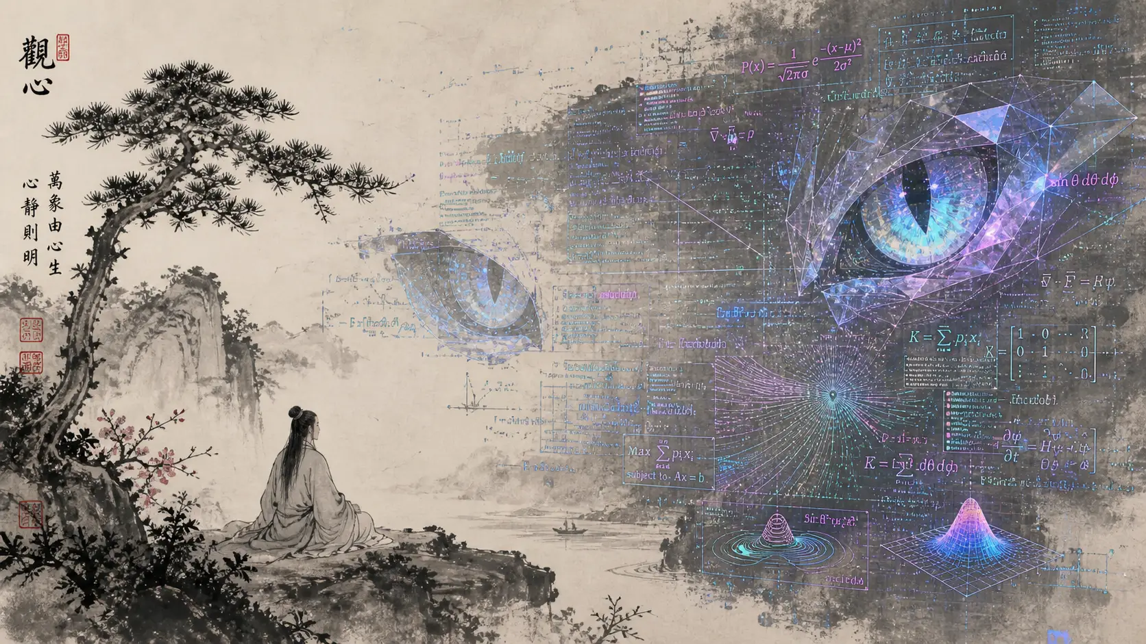 Paisagem em tinta com fragmentos de código holográfico e olhos de gato