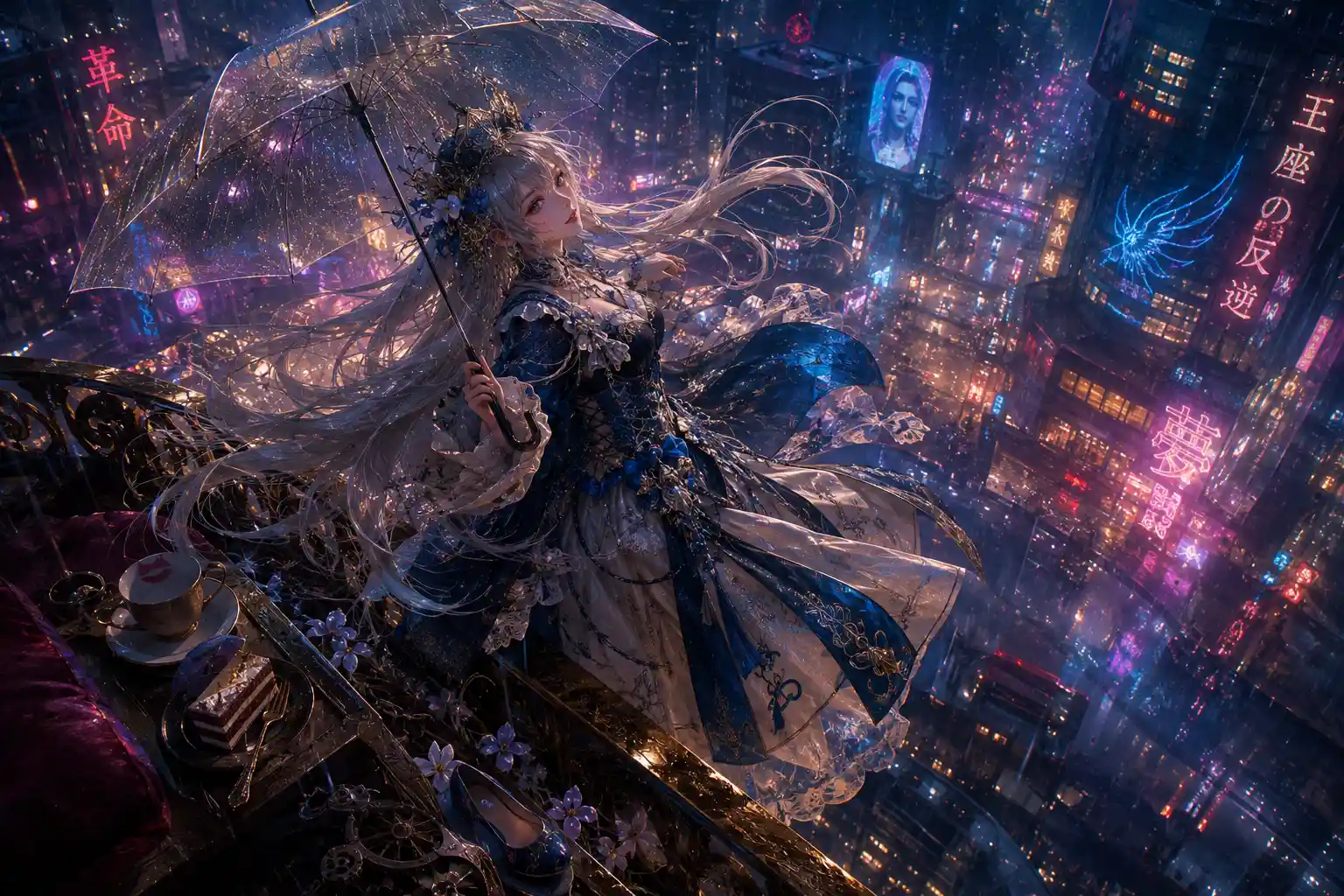 Principessa fluttuante sopra il balcone di una città cyberpunk al neon sotto la pioggia
