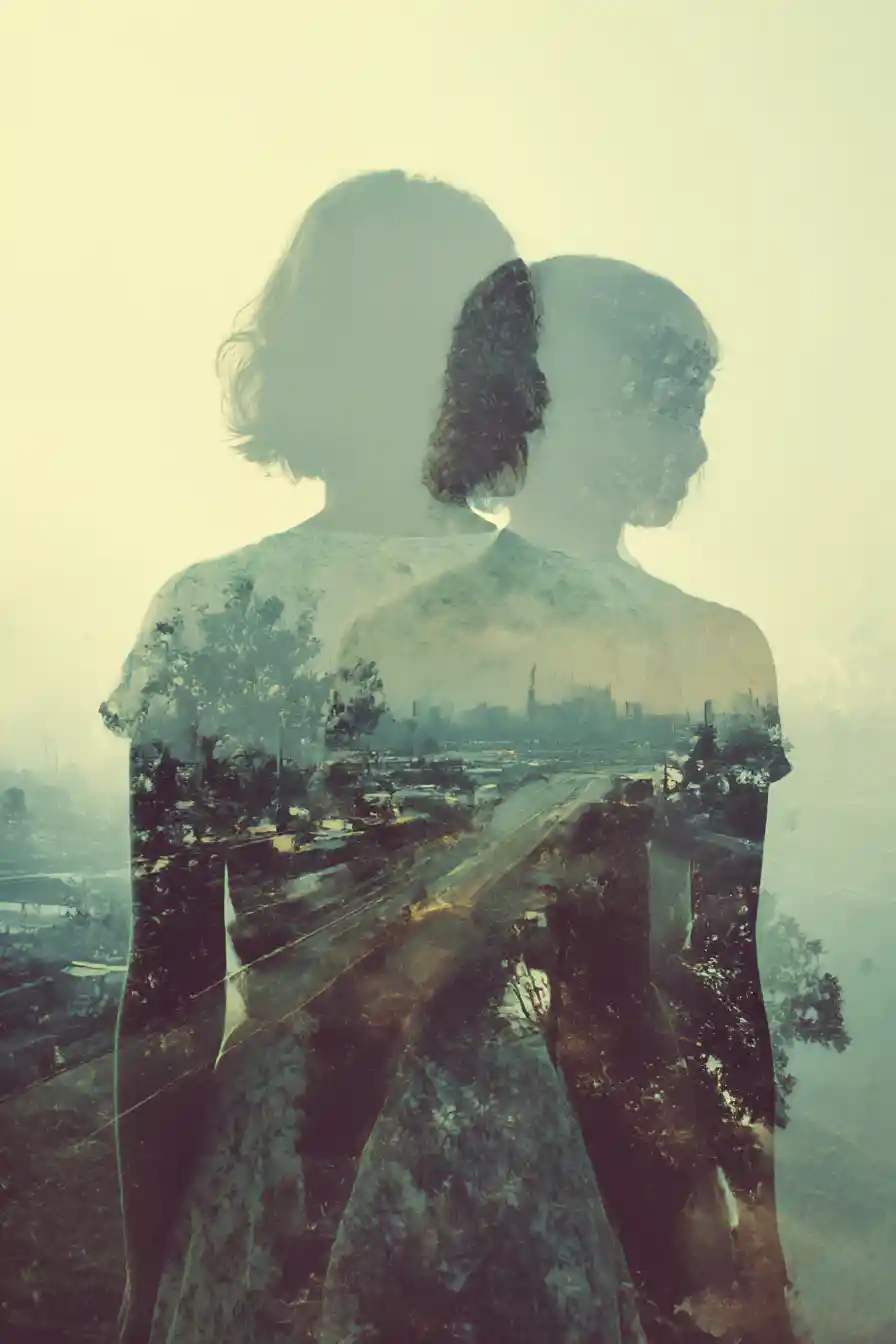 Conceptual double exposure of distant places and longing