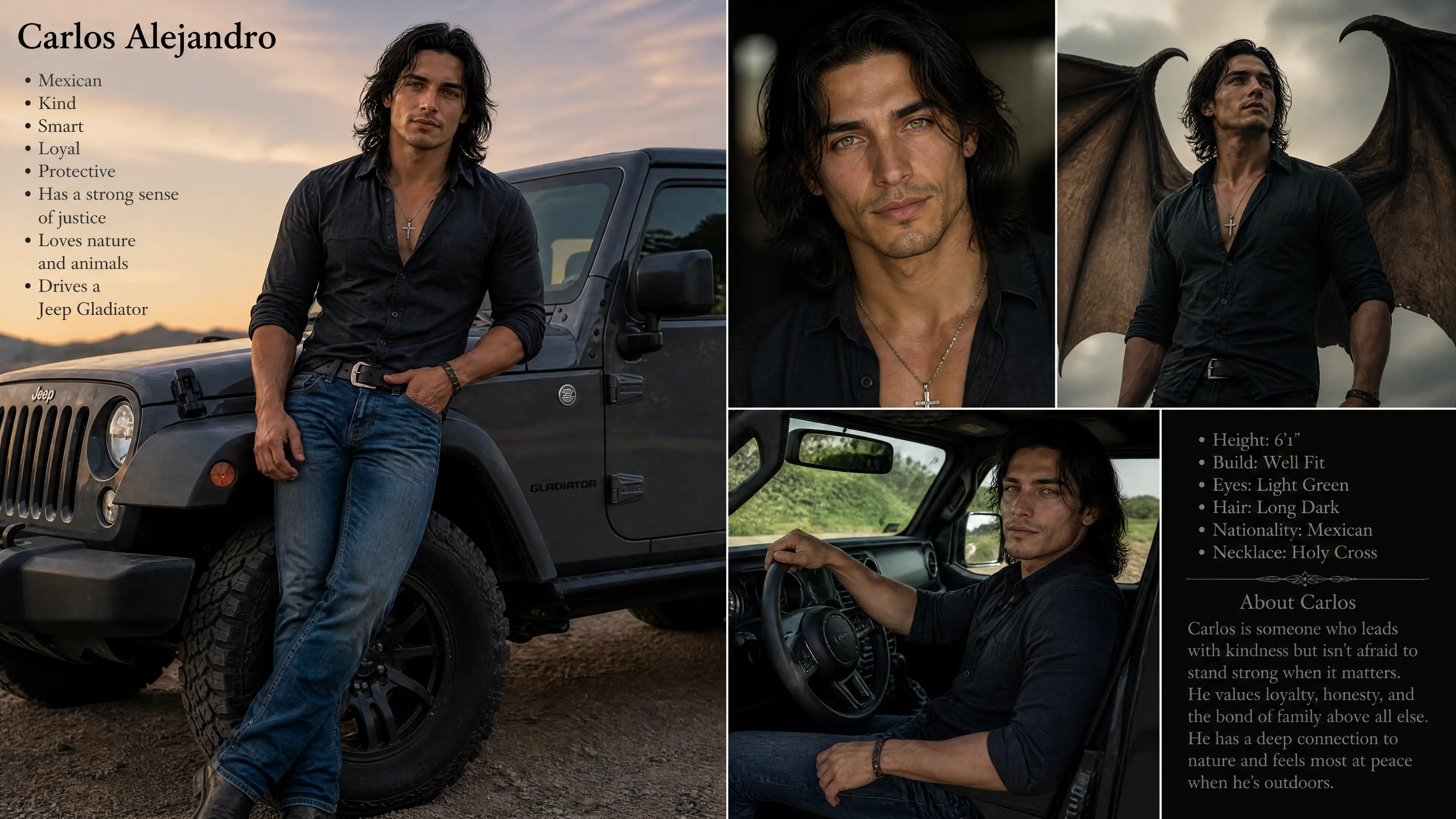 Mexican man with bat wings driving a rugged jeep gladiator