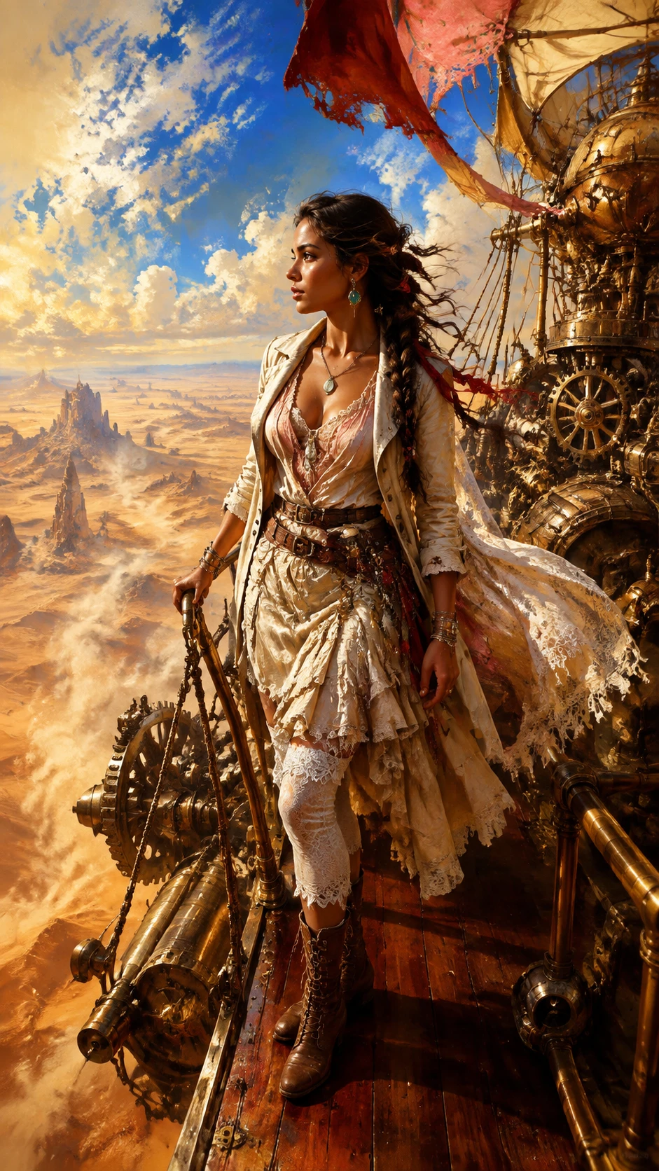 Mulher brasileira em uma caravana steampunk voadora sobre o deserto