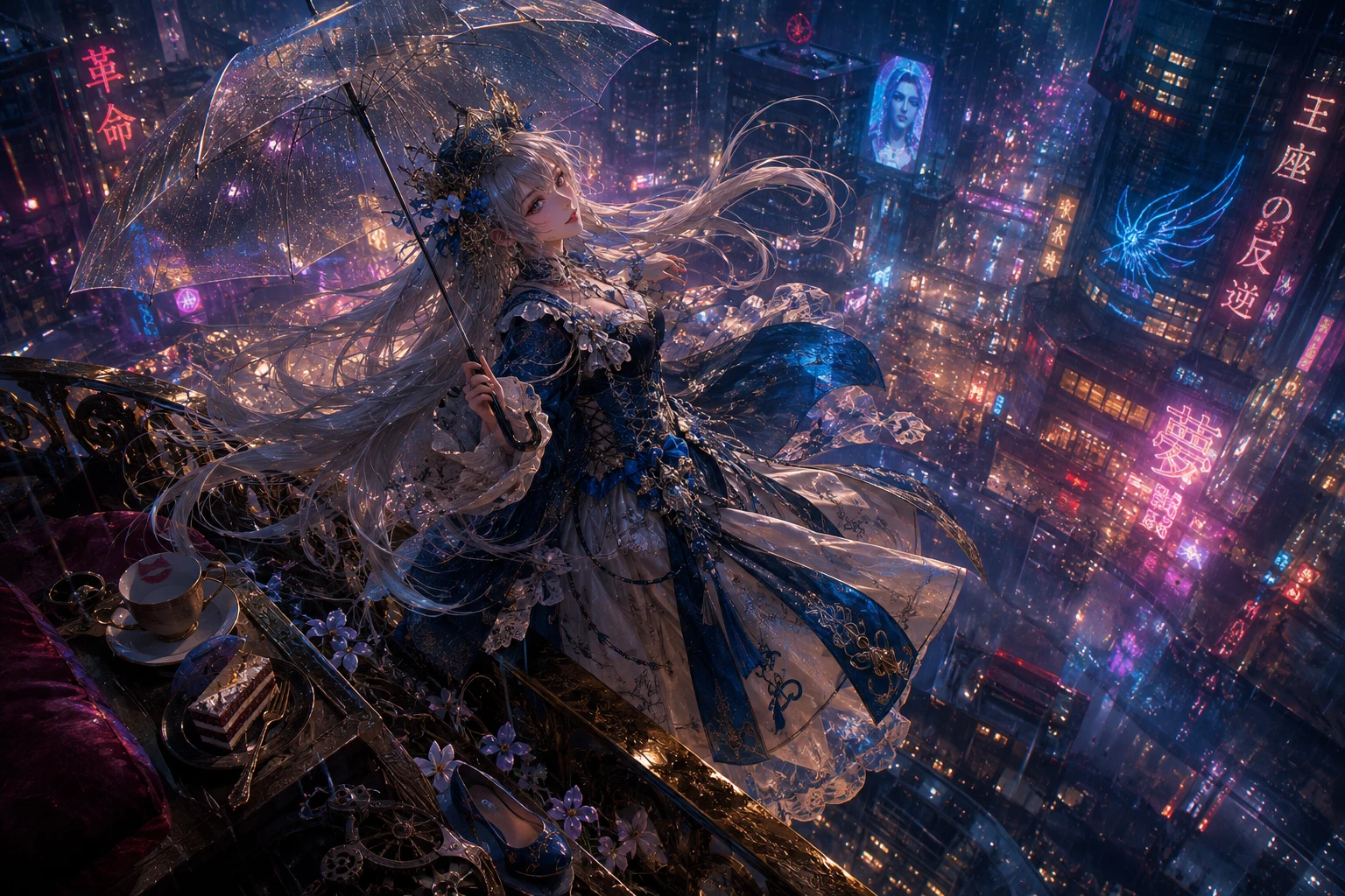 Principessa fluttuante sopra il balcone di una città cyberpunk al neon sotto la pioggia