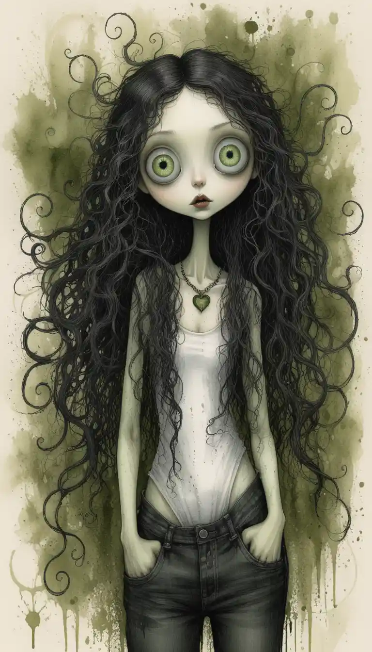 Gothic full body portrait of a pale wide eyed woman