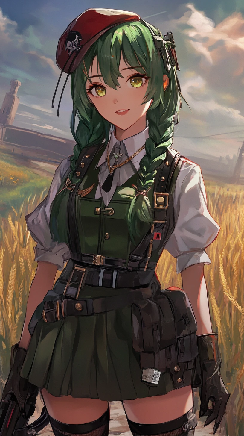 Green haired anime girl in star uniform with wicked smile