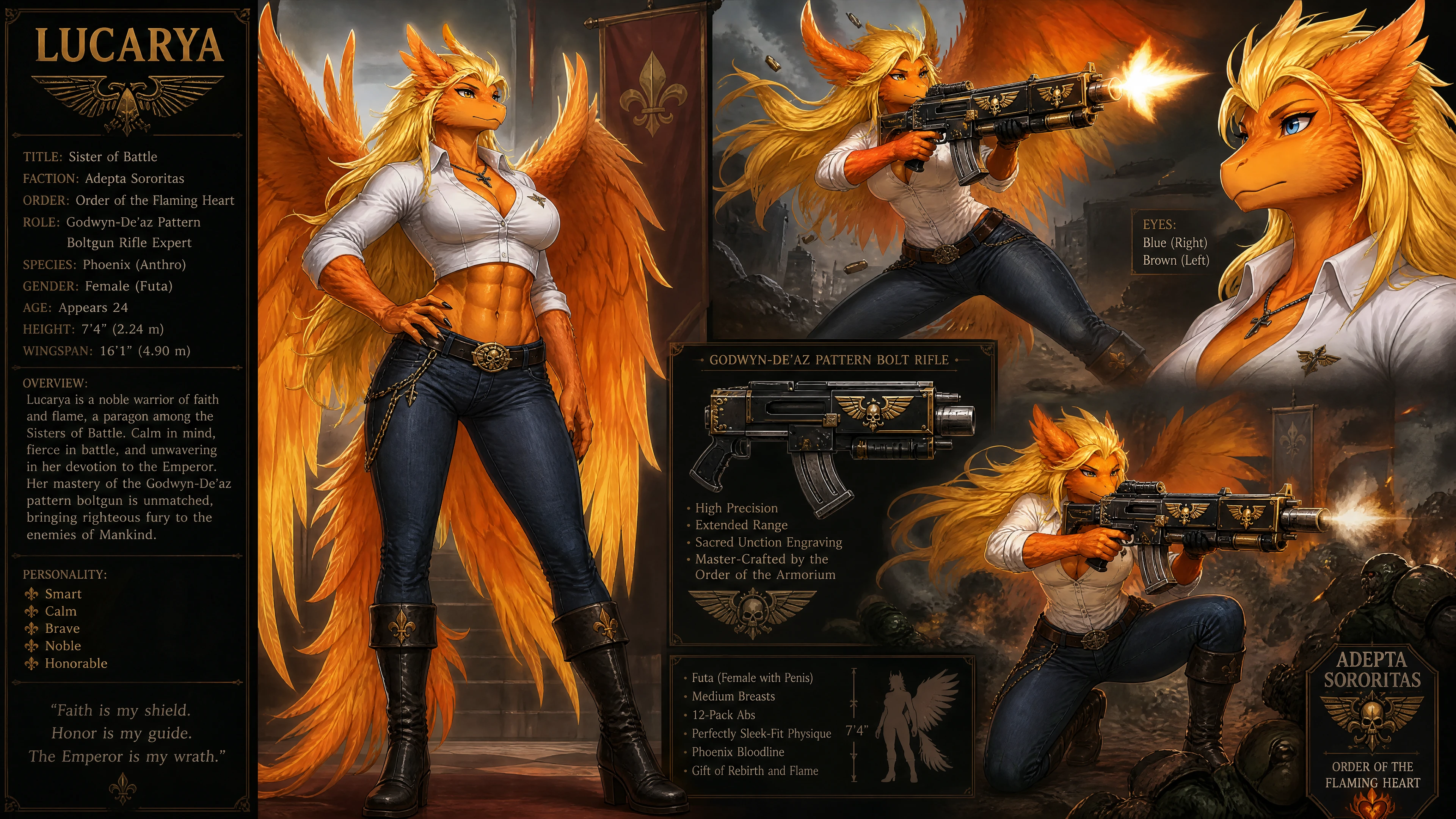Winged phoenix warrior woman with rifle in casual clothes