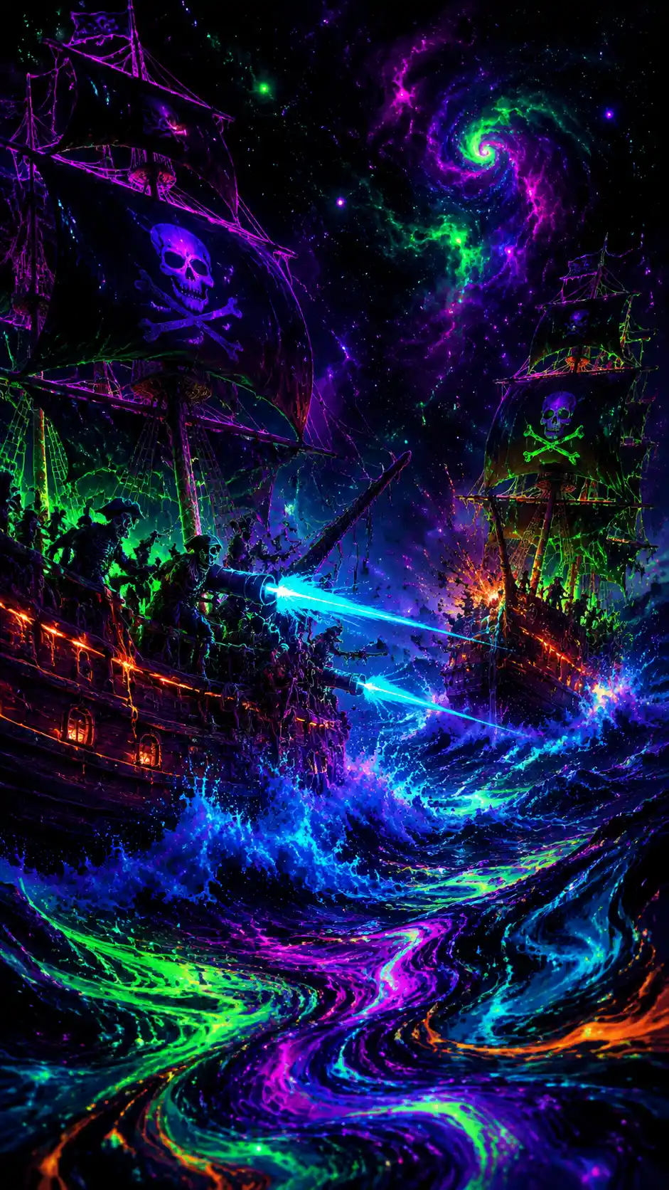Navios piratas em neon batalhando em um mar ultravioleta surreal