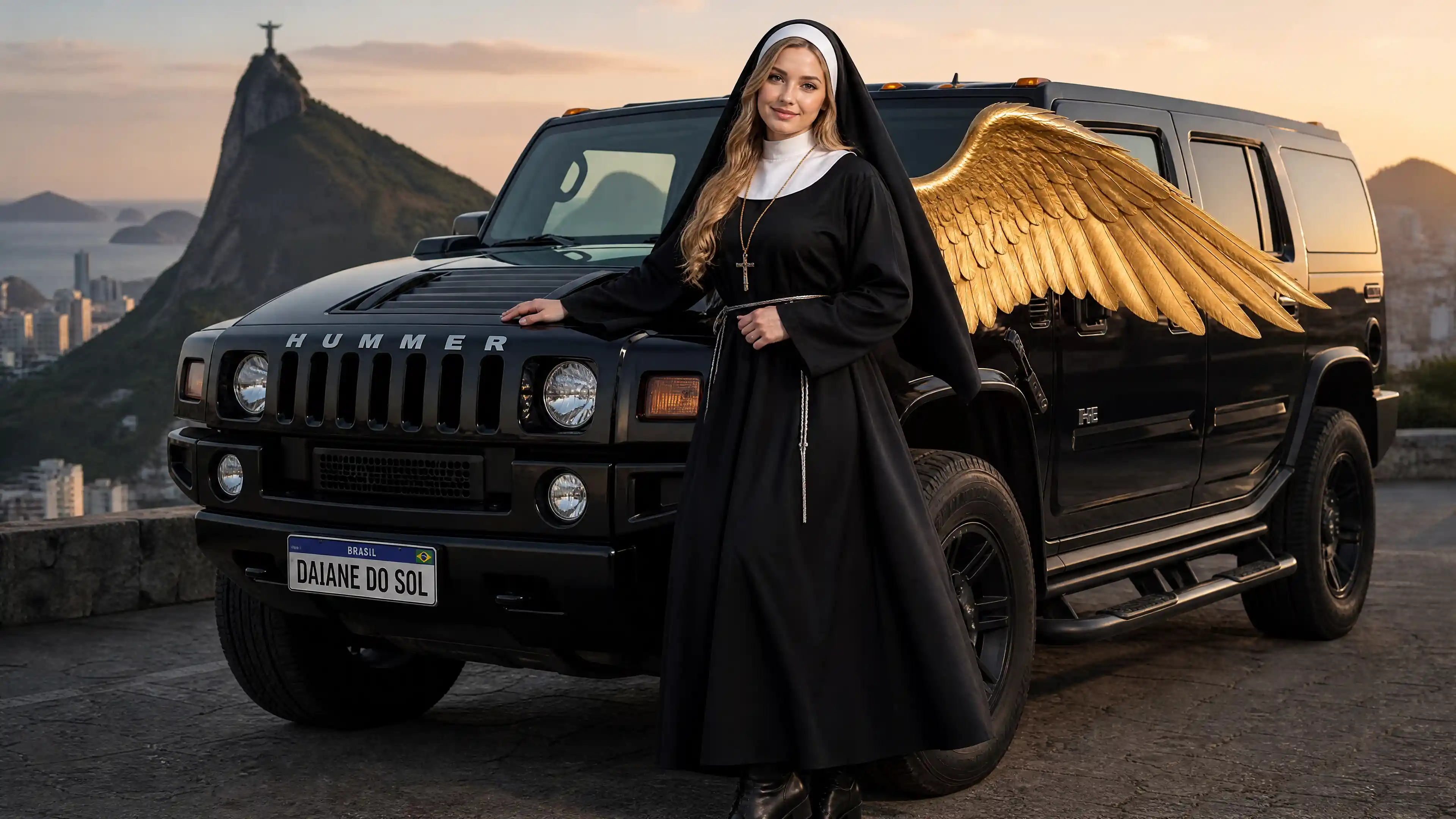 Dolce donna angelica in abito da suora che guida un'auto nera