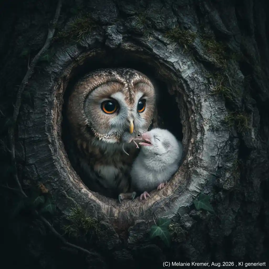 Owl mother feeding fluffy chick in forest tree hollow
