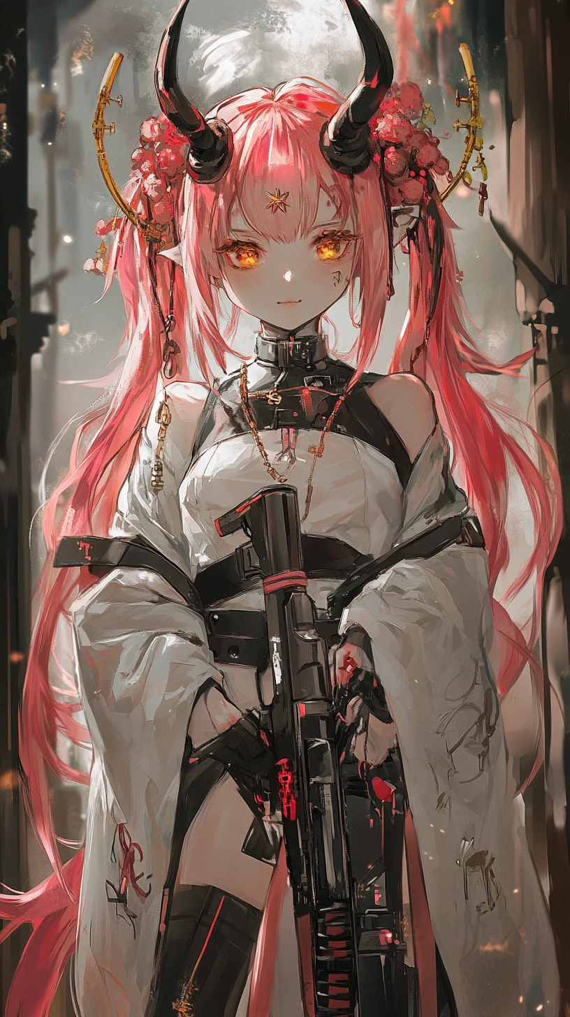 Chica de anime con corona, cuerno y trenzas rosas