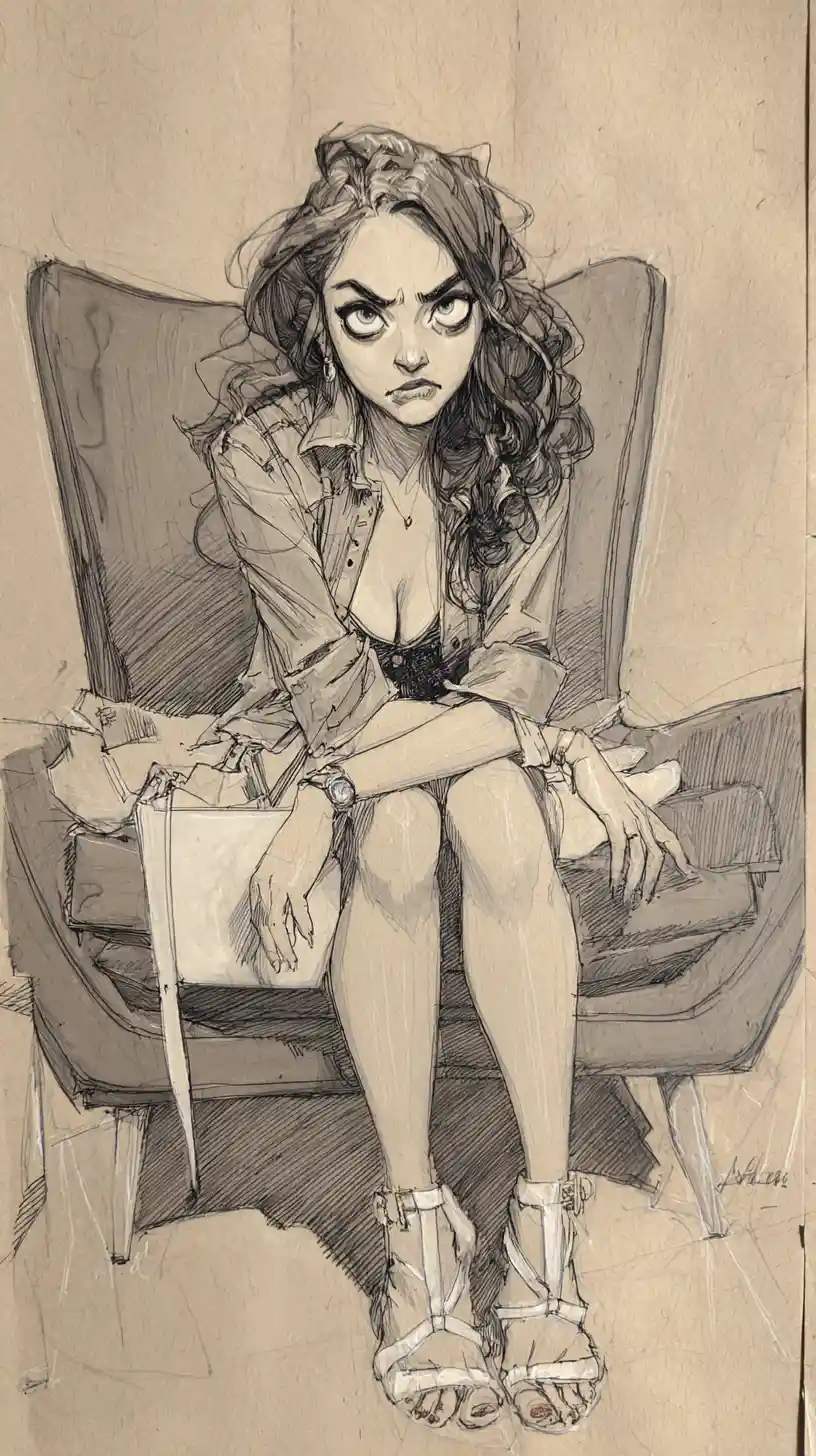 Stimmungsvolle Tintenillustration einer Frau in einem grauen Sessel