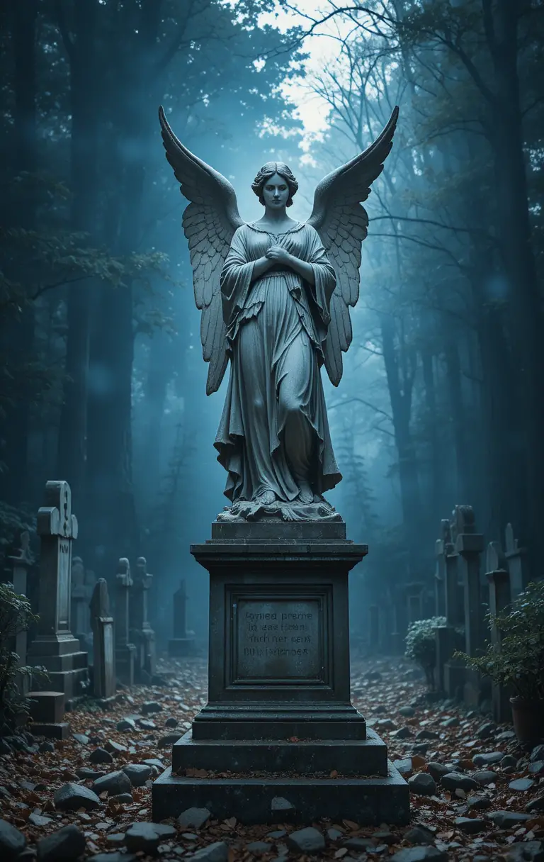 Estátua majestosa de anjo de pedra em um antigo cemitério enevoado