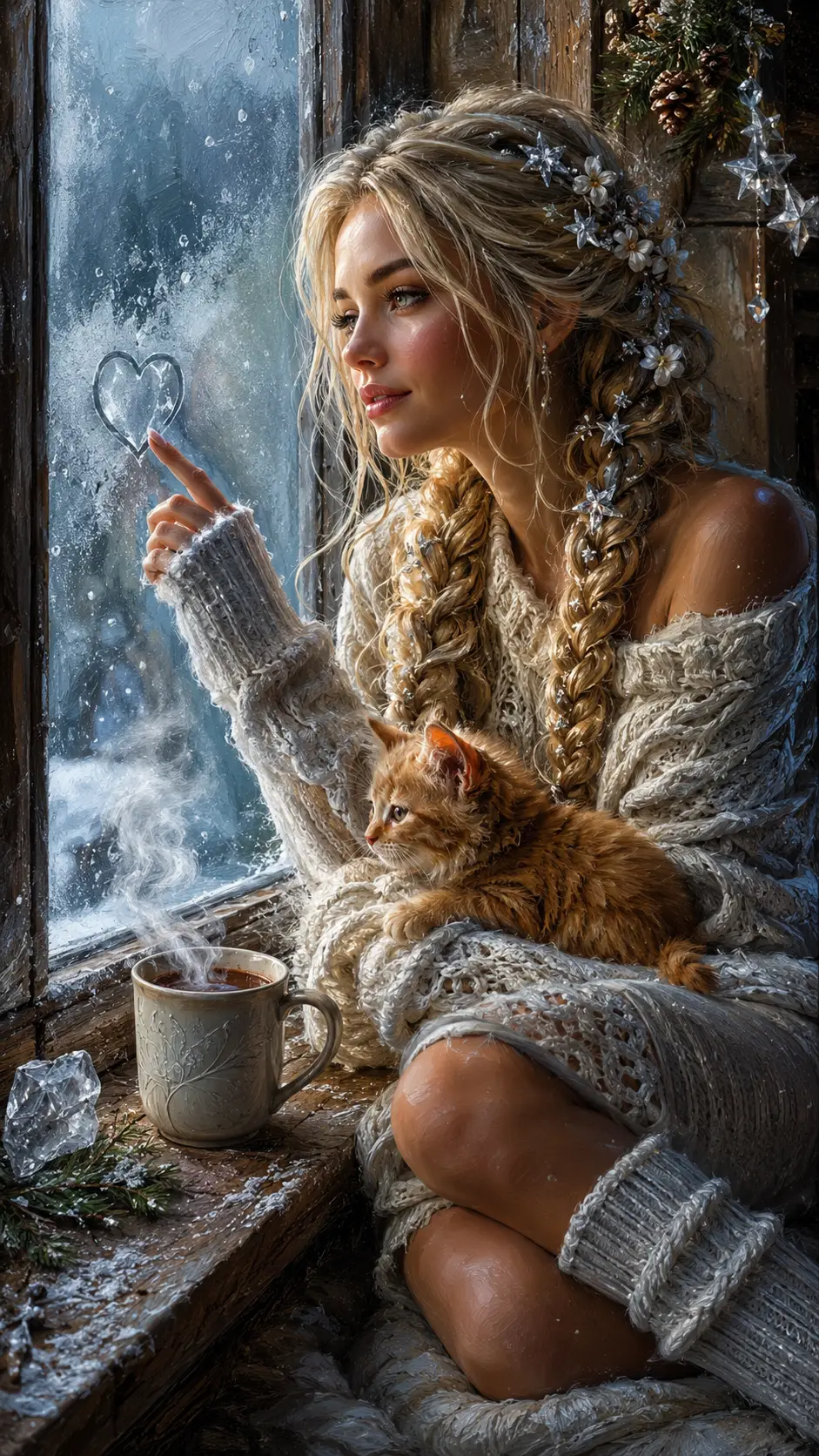 Femme pensive sur un rebord de fenêtre givré avec un chaton