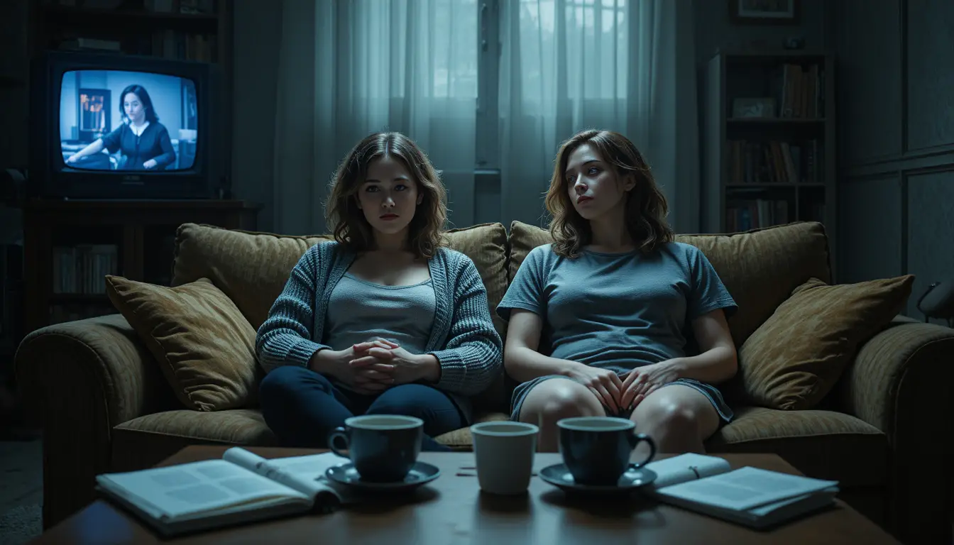 Duas mulheres cansadas largadas em um sofá de veludo gasto à noite