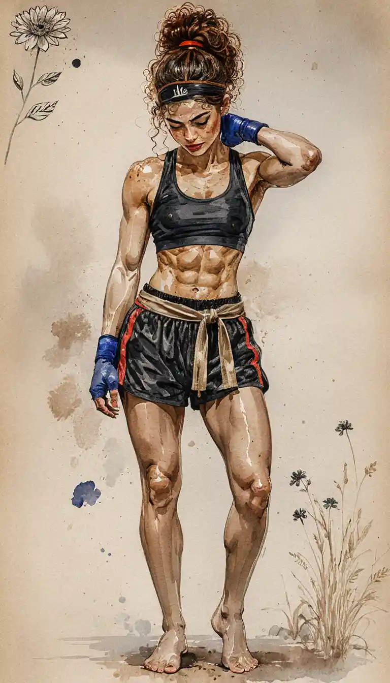 Mujer atlética con vendas de boxeo en ilustración a tinta y acuarela