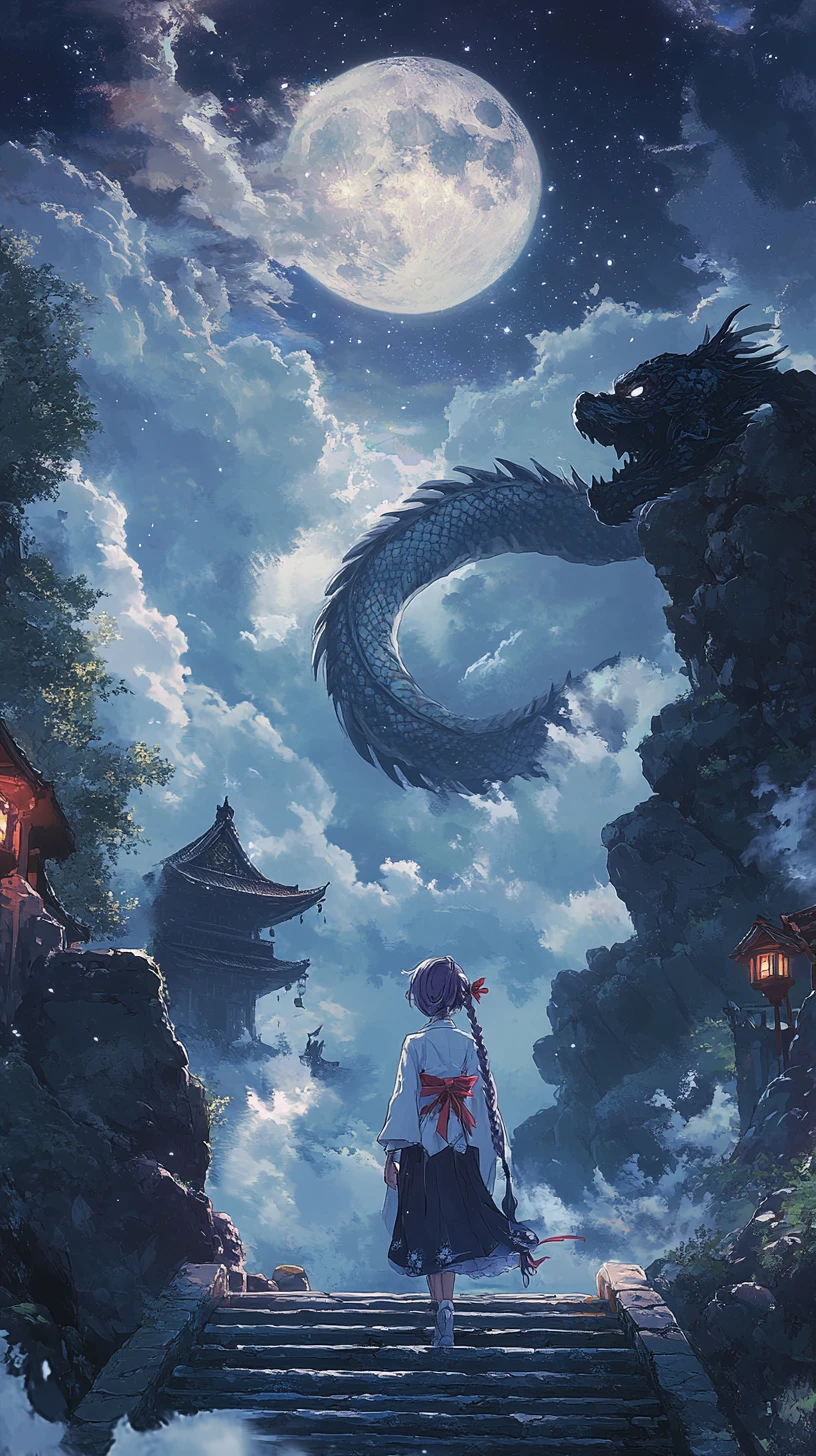 Chica de anime en escaleras de piedra bajo un cielo nocturno iluminado por un dragón