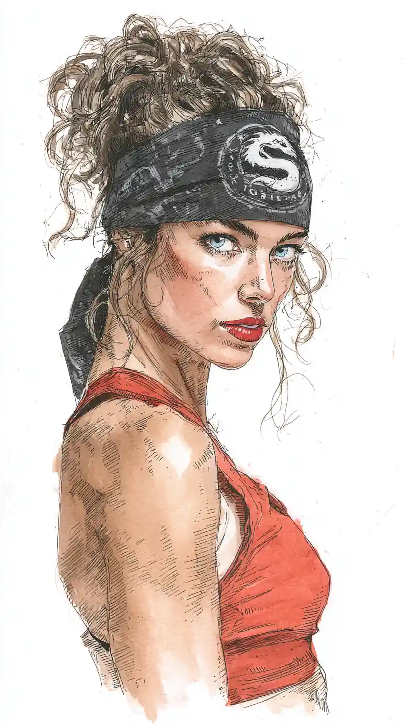 Retrato intenso de atleta feminina com detalhes de esboço técnico
