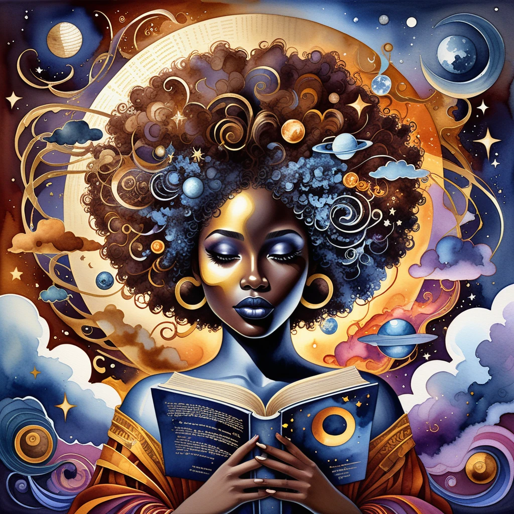 Mujer negra leyendo mientras su afro se transforma en una galaxia