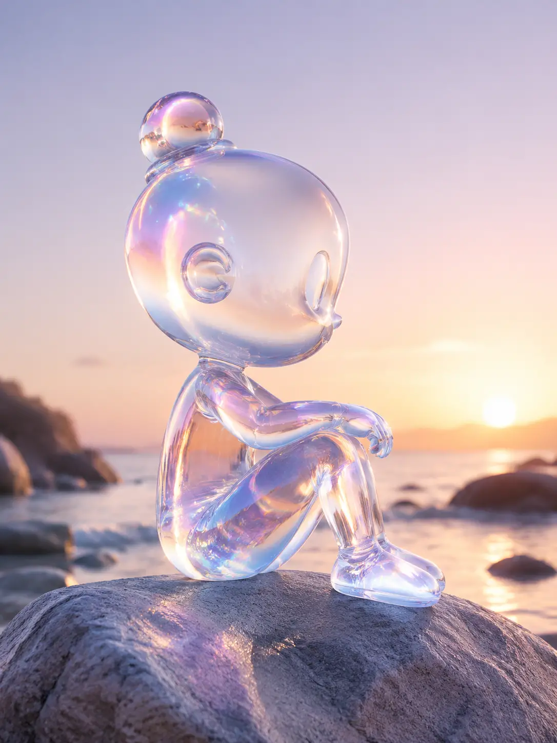 Personagem 3D de cristal em uma praia rochosa serena ao amanhecer