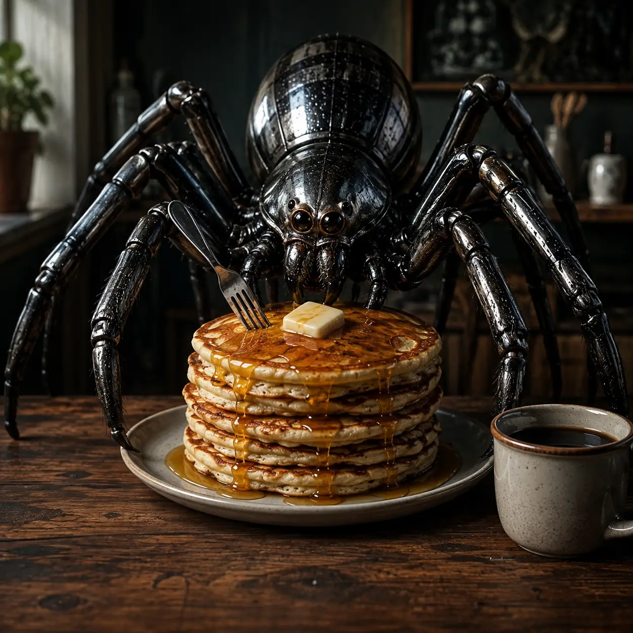 Aranha Metálica Assustadora Comendo Panquecas na Mesa de Café da Manhã