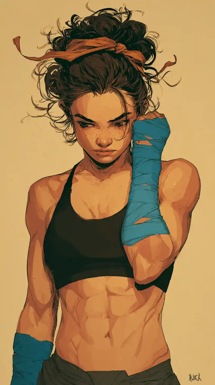 Athletic woman in ink and watercolor boxing illustration