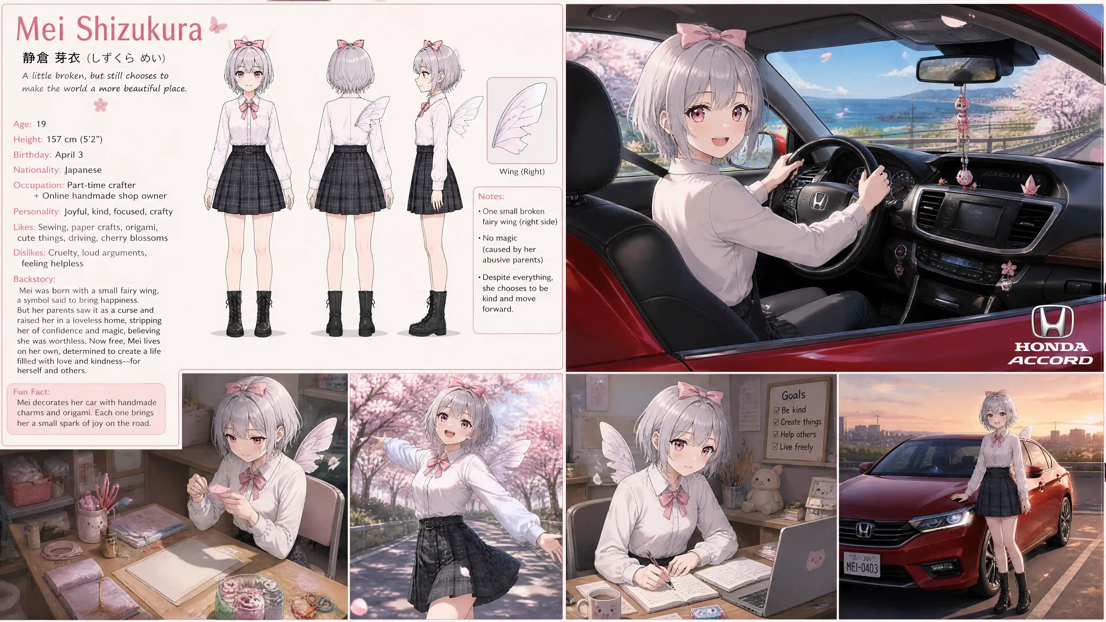Chica de anime alegre con ala de hada rota en el coche