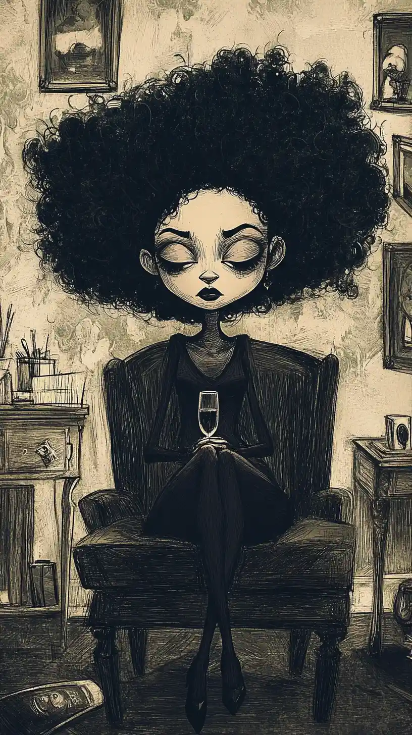 Ilustración de mujer negra relajada reclinada en un sofá oscuro