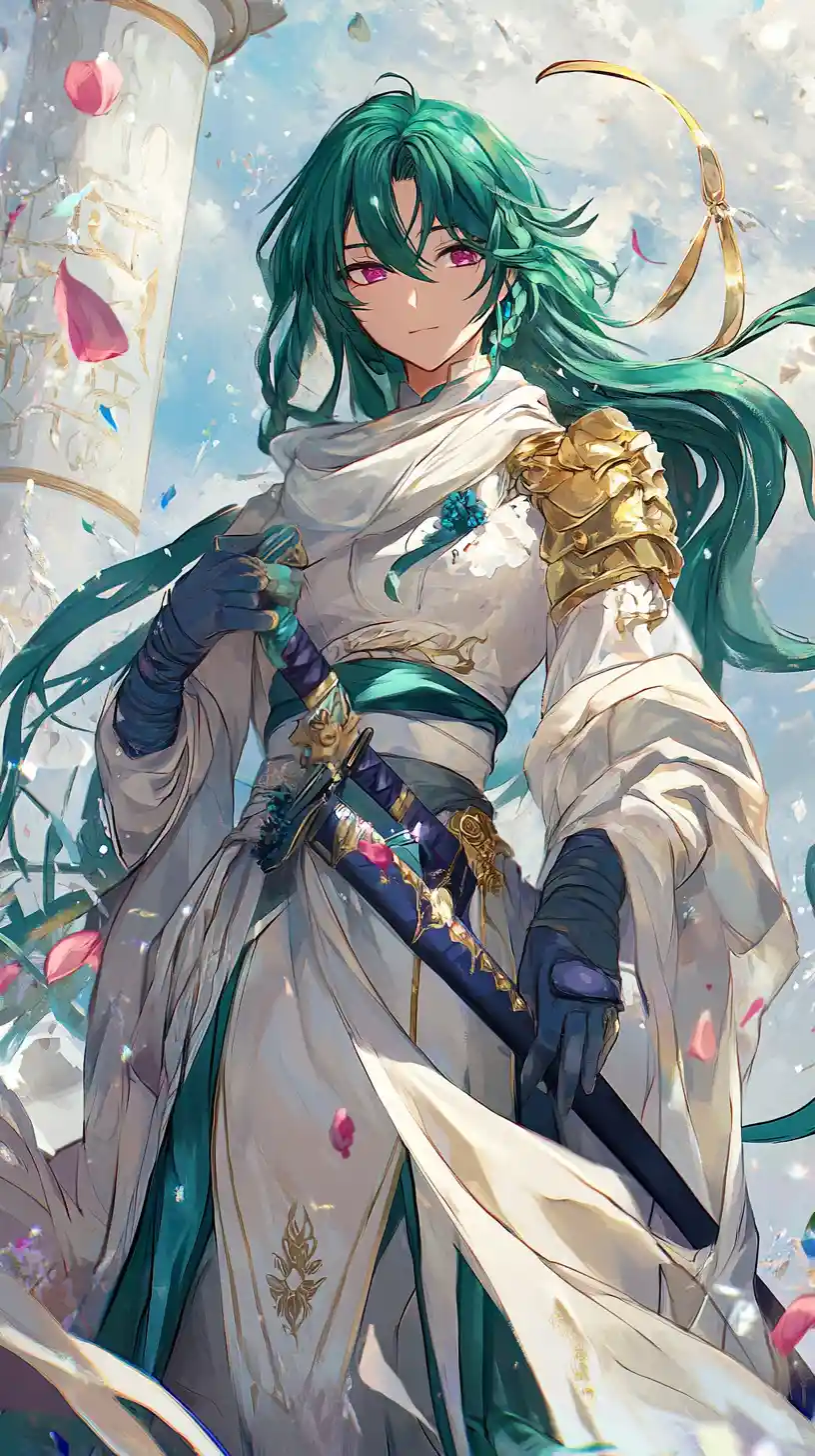 Ragazza anime bionda in armatura ornata con nastro blu