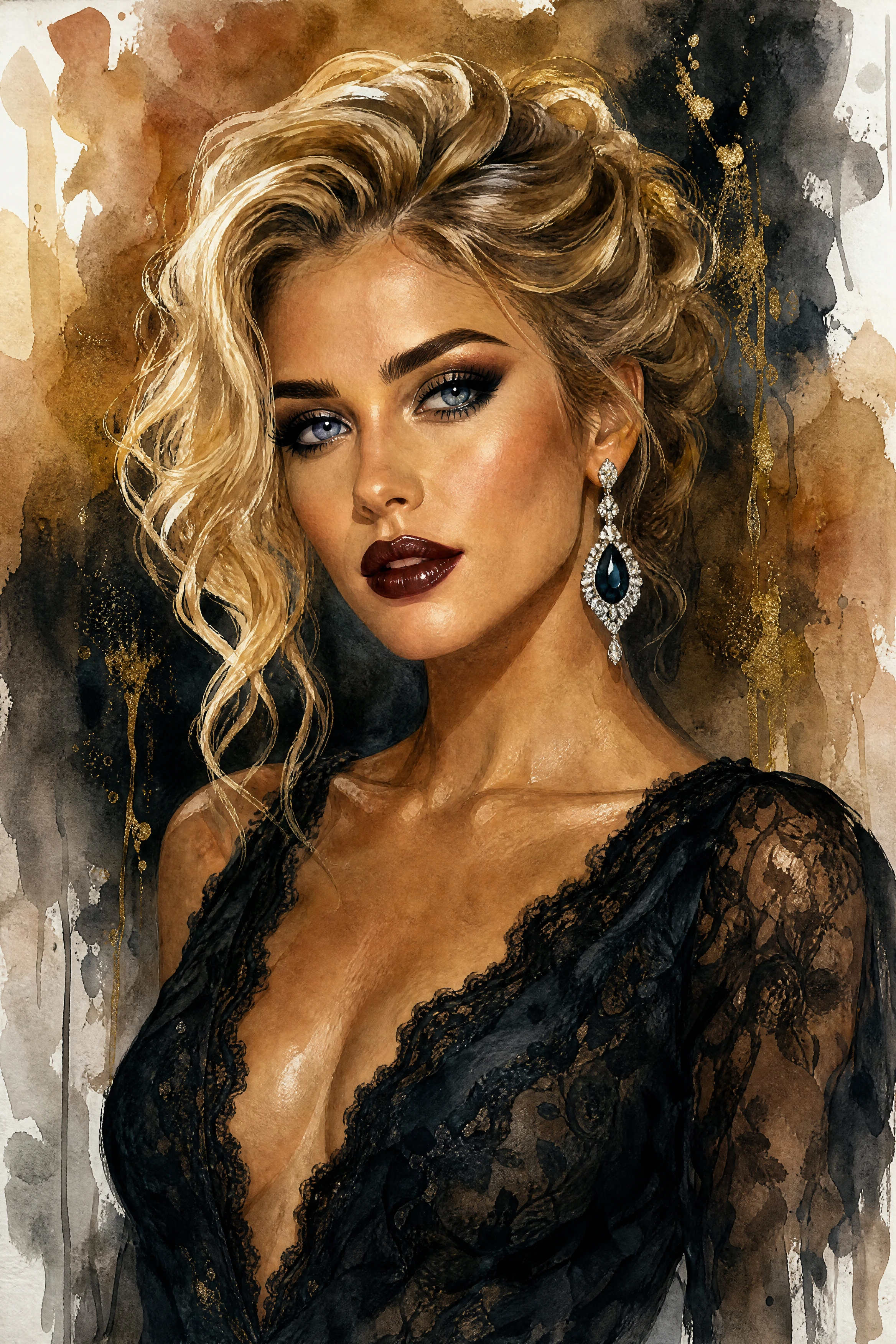 Retrato glamoroso de loira em renda preta com fundo em aquarela