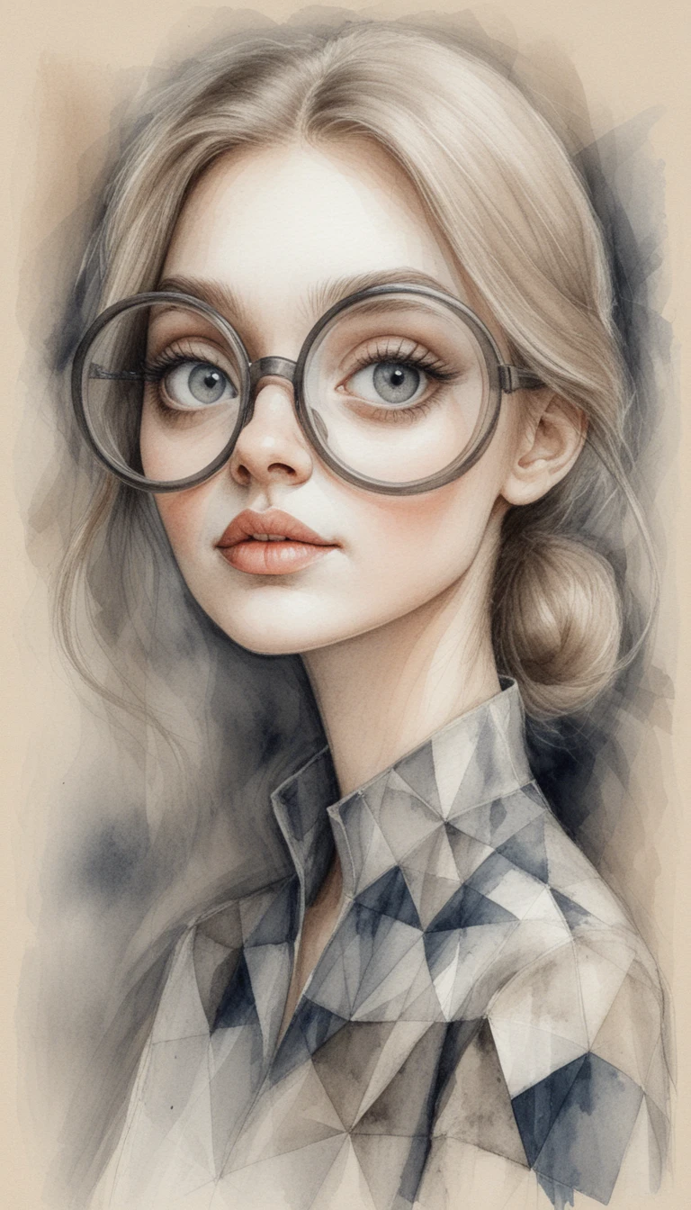 Retrato estilizado en grafito de una chica con gafas redondas extragrandes