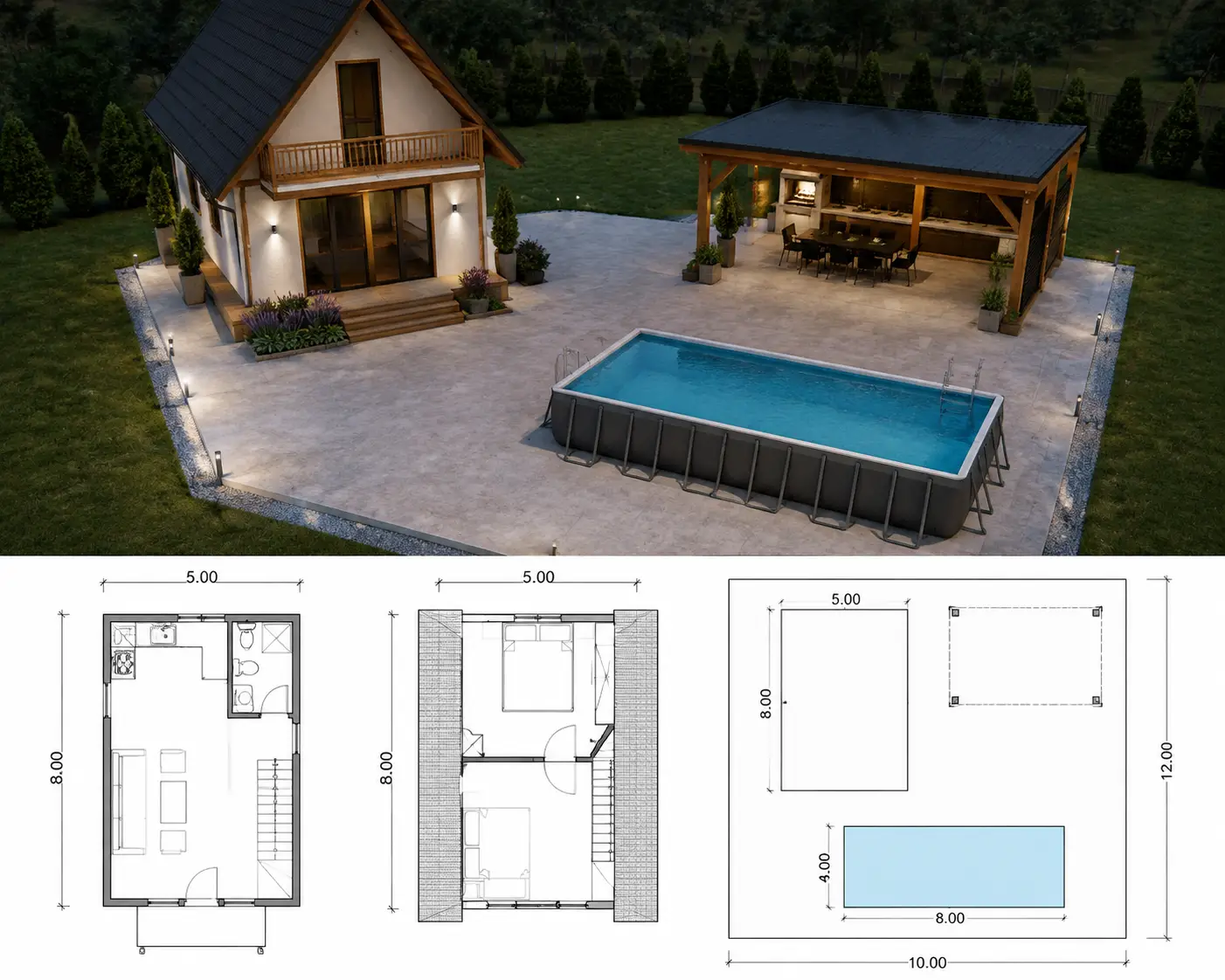 Planta de casa de fim de semana com terraço e piscina nos fundos