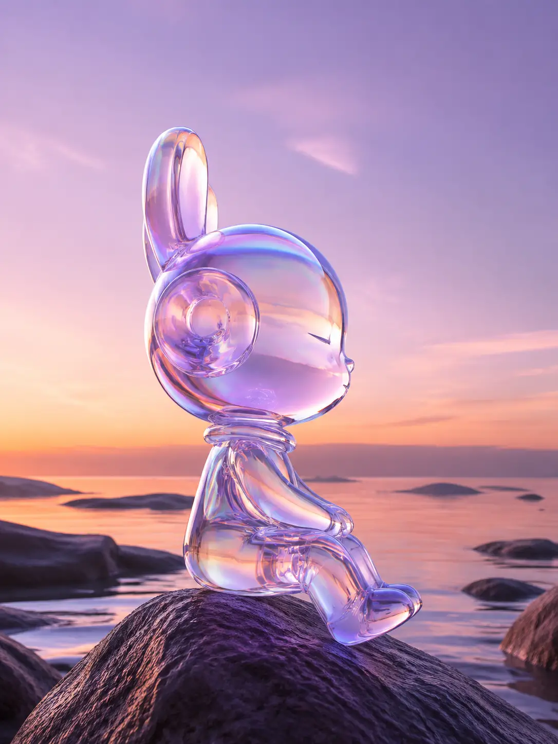 Personagem 3D de cristal descansando em uma rocha em uma praia serena
