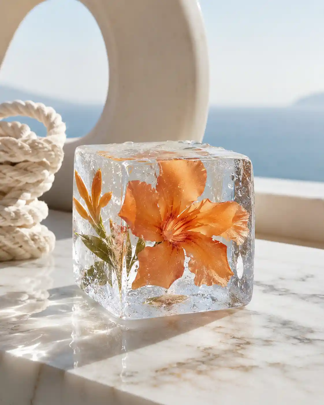 Fleur orange figée dans un cube de glace transparent sur du marbre