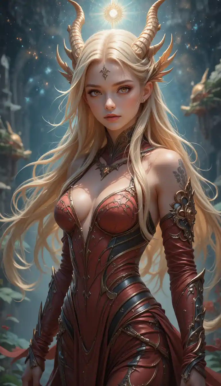 Guerriera donna drago in stile anime con capelli dorati e armatura