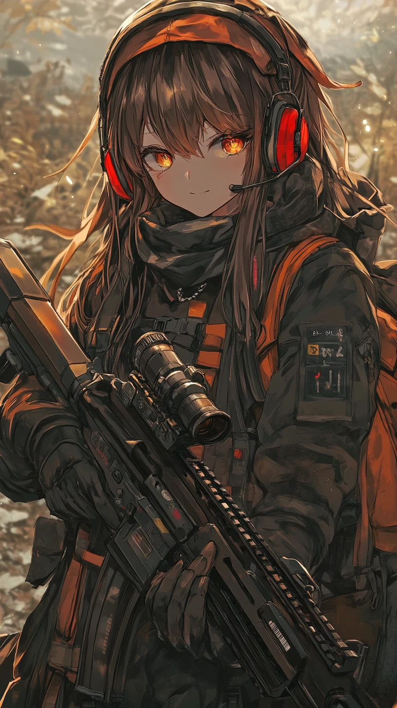 Chica de anime junto a una base triangular en la jungla al atardecer
