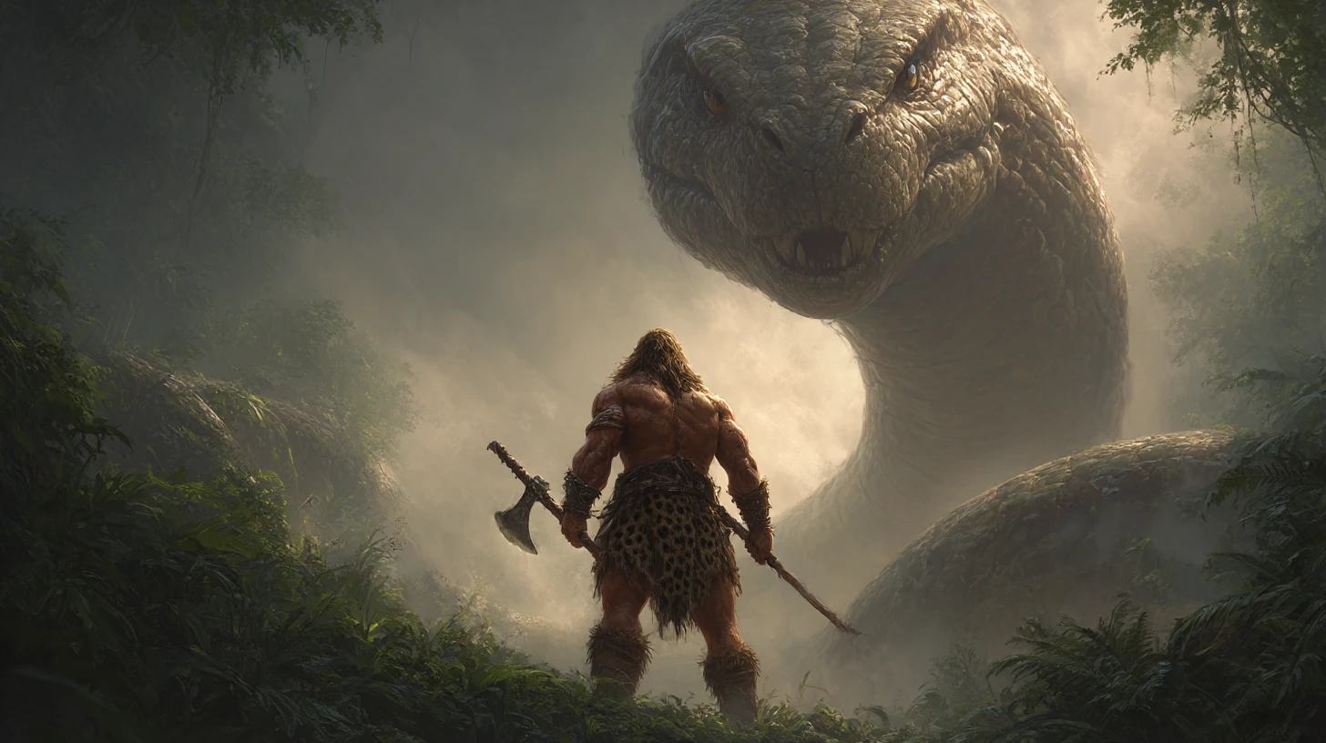Bárbaro Frente a Serpiente Gigante en una Selva Fantástica Húmeda