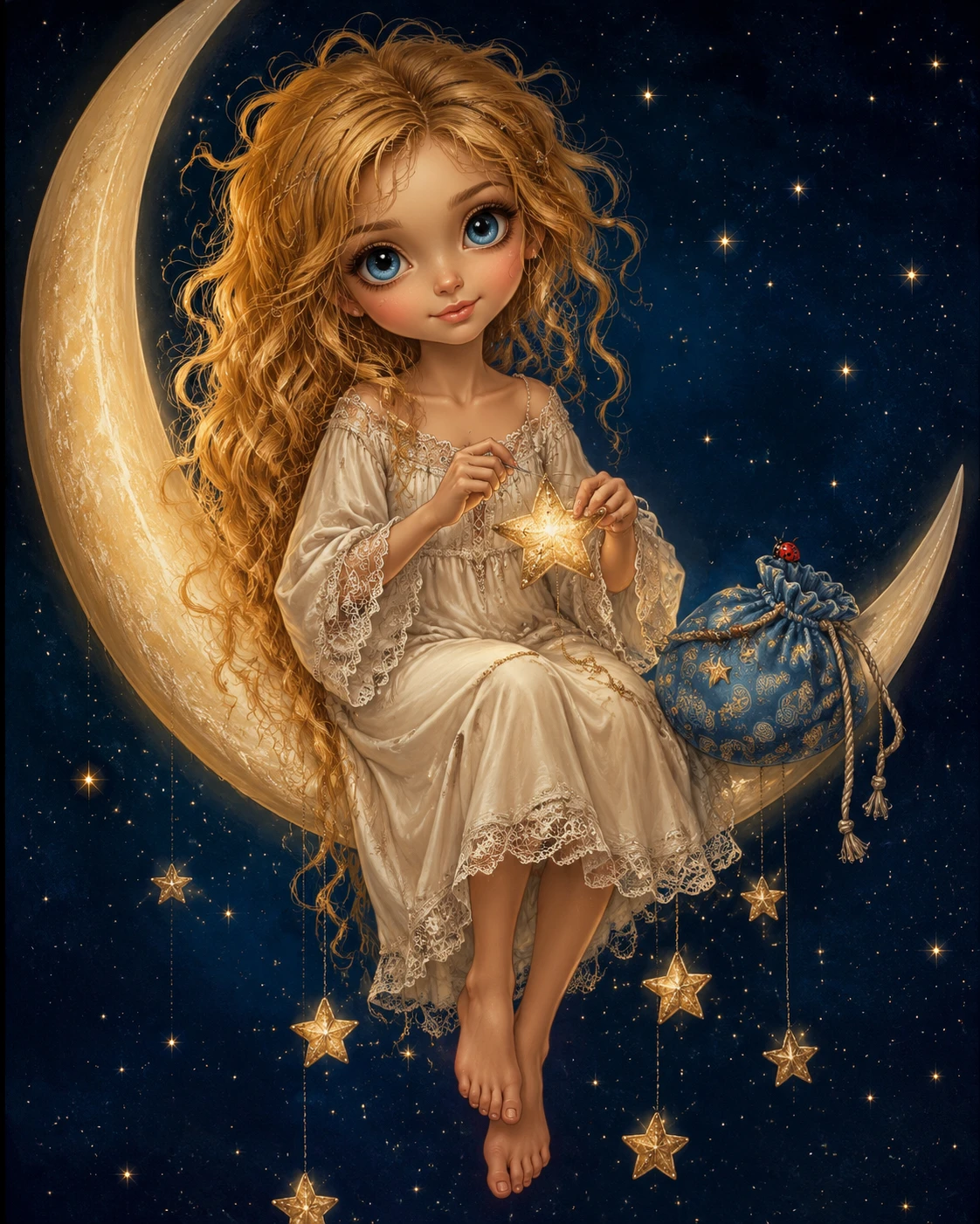 Niña cosiendo una estrella en una luna creciente brillante