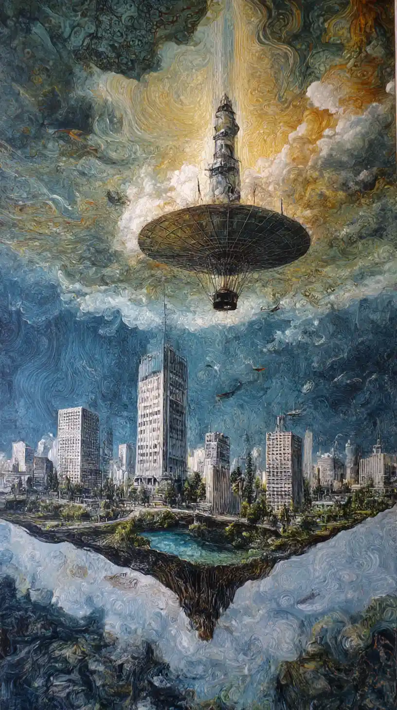 Surreal vision of men landing on a strange human world