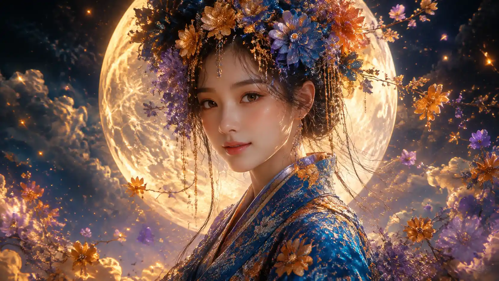 Ethereal Japanese woman before a glowing full moon