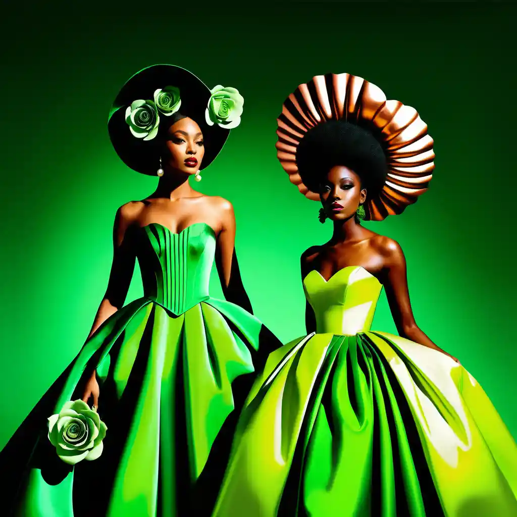Two couture clad women in surreal floral gowns