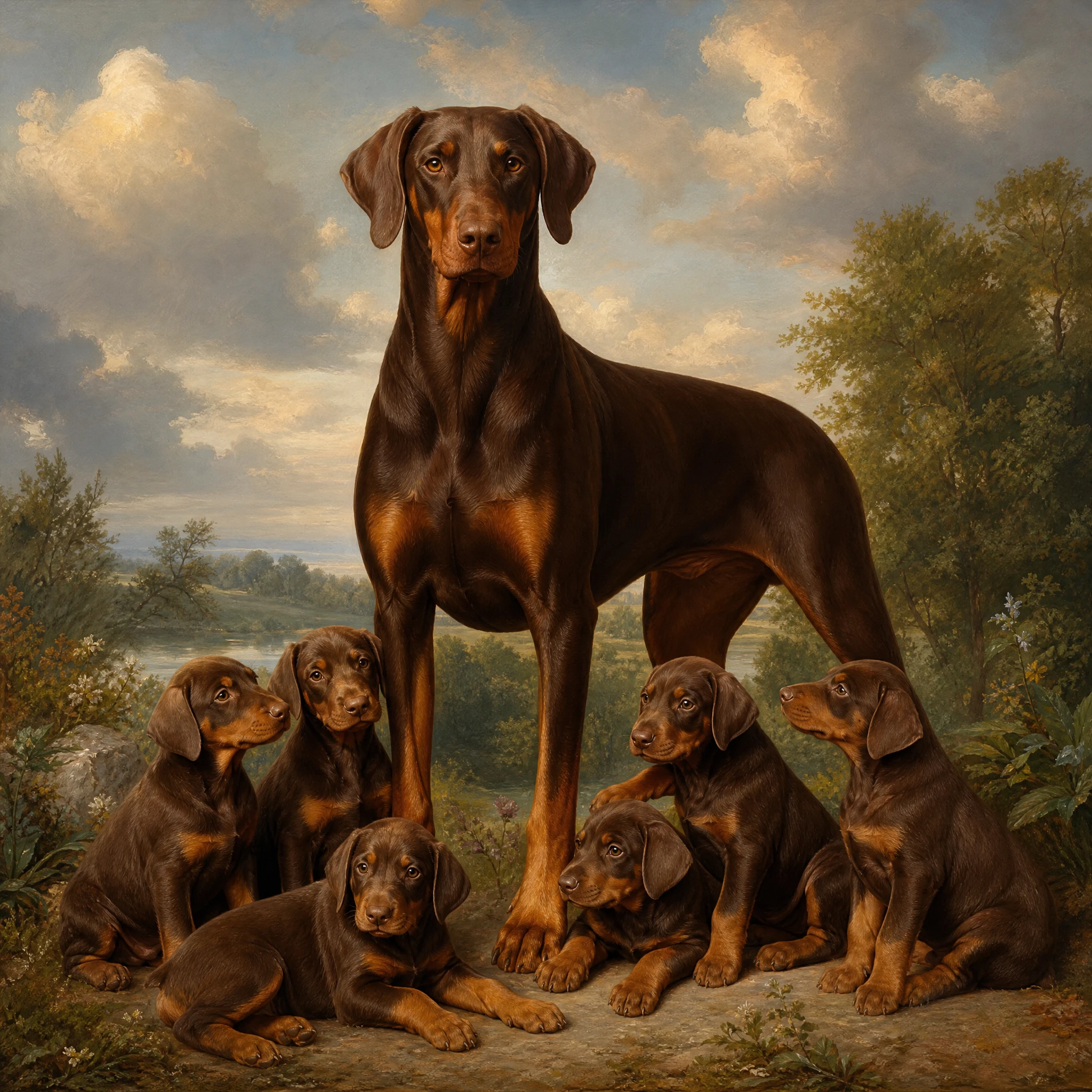 Brauner Dobermann als Ganzkörpermotiv im warmen Ölmalerei-Stil