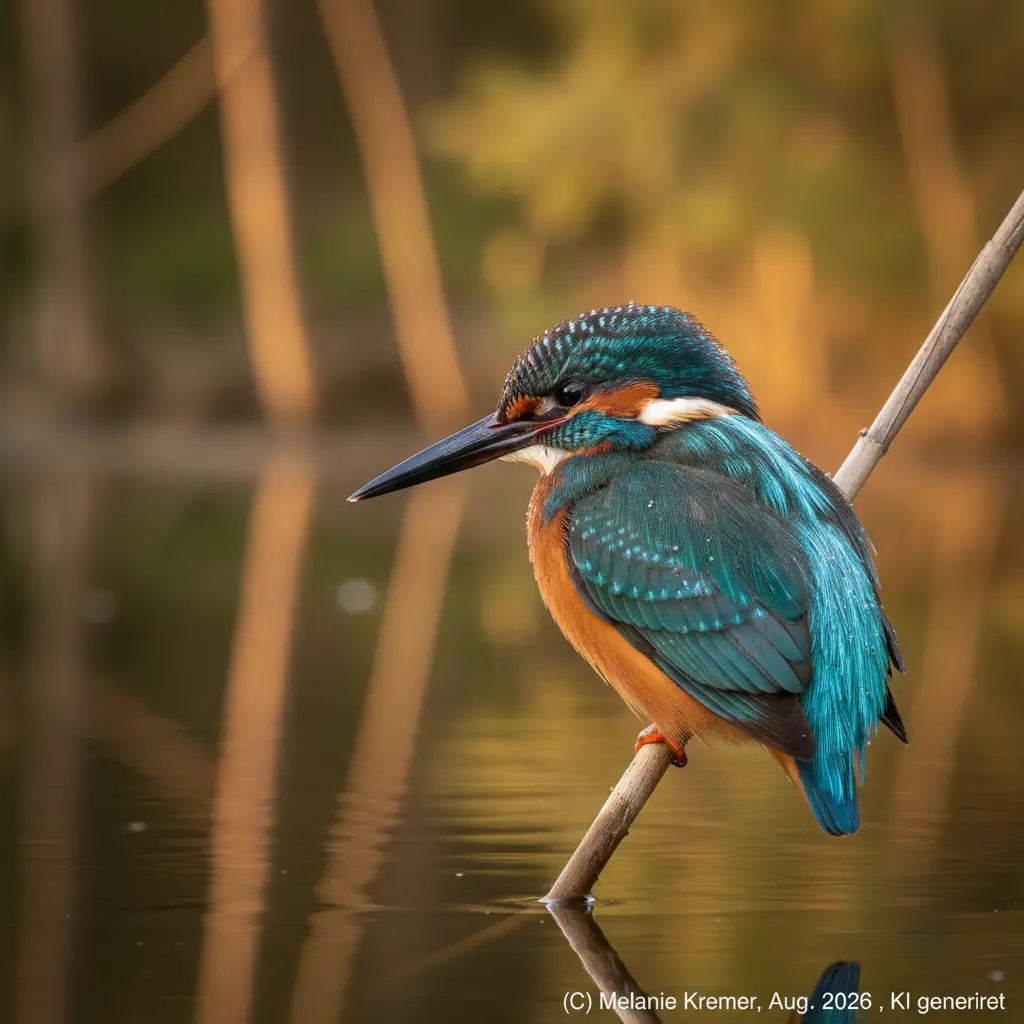 Martim-pescador em junco em lago da floresta na luz da hora dourada
