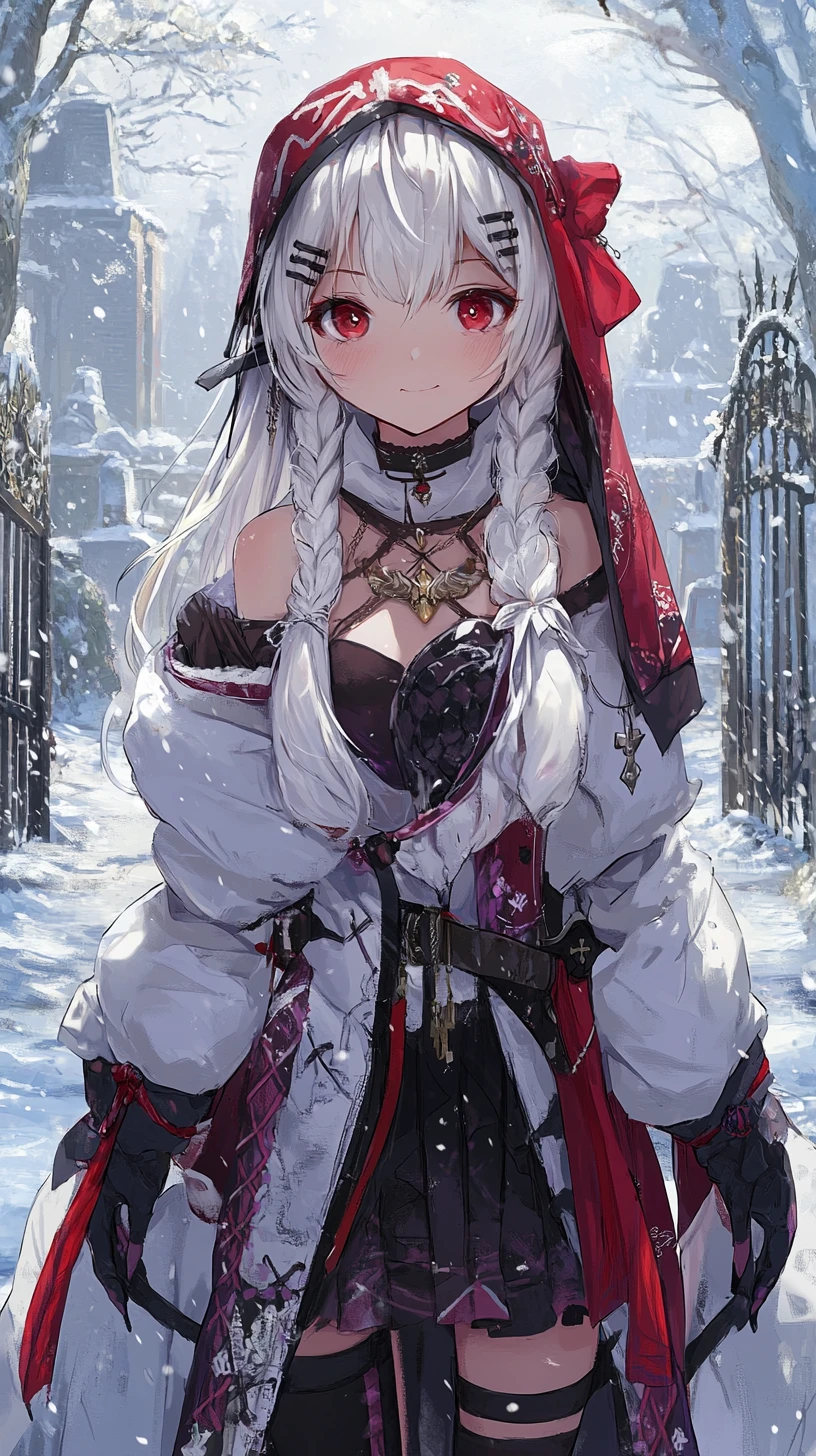 Chica de anime con abrigo blanco caminando por un pueblo nevado