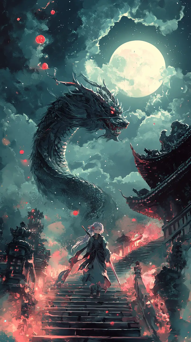 亞洲龍盤旋於月光朦朧的多雲夜空